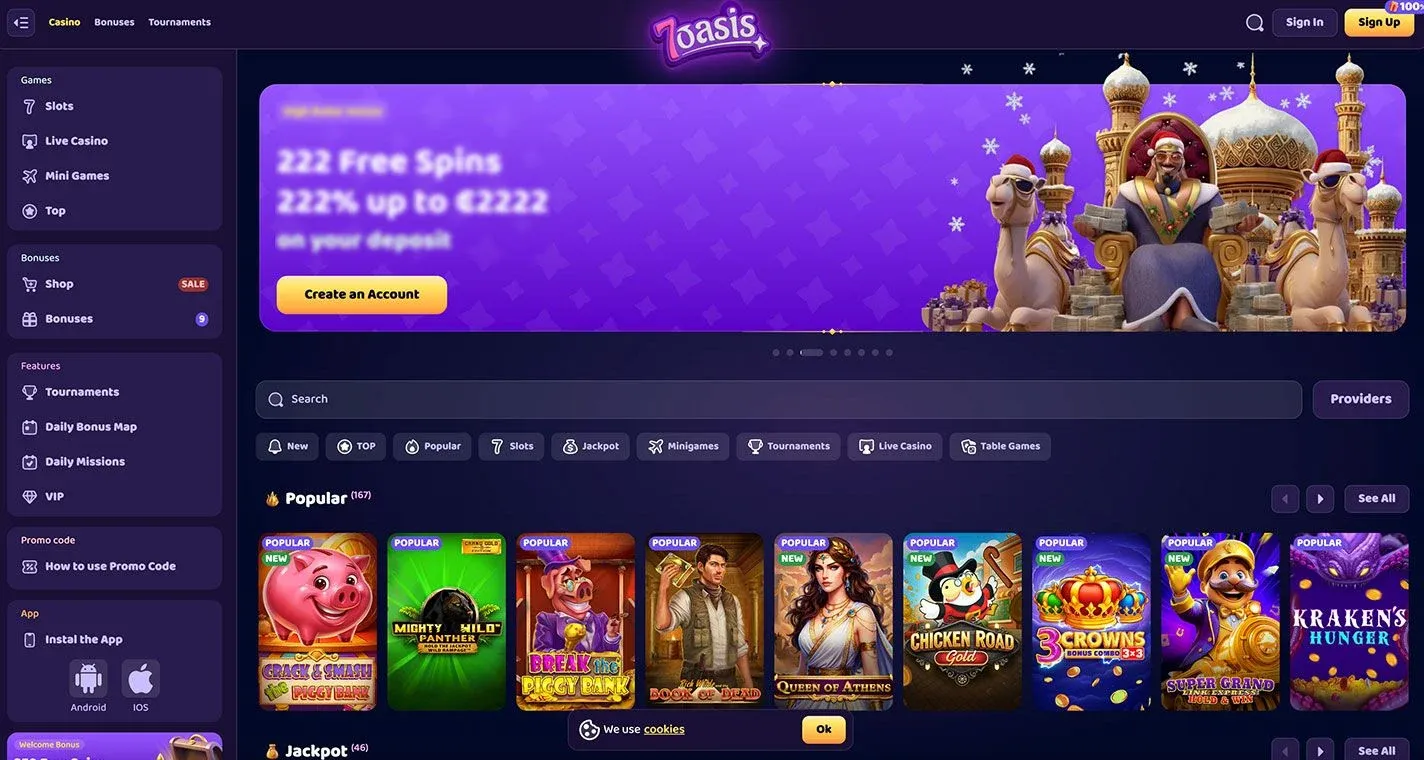 7Oasis Casino, screenshot del sito