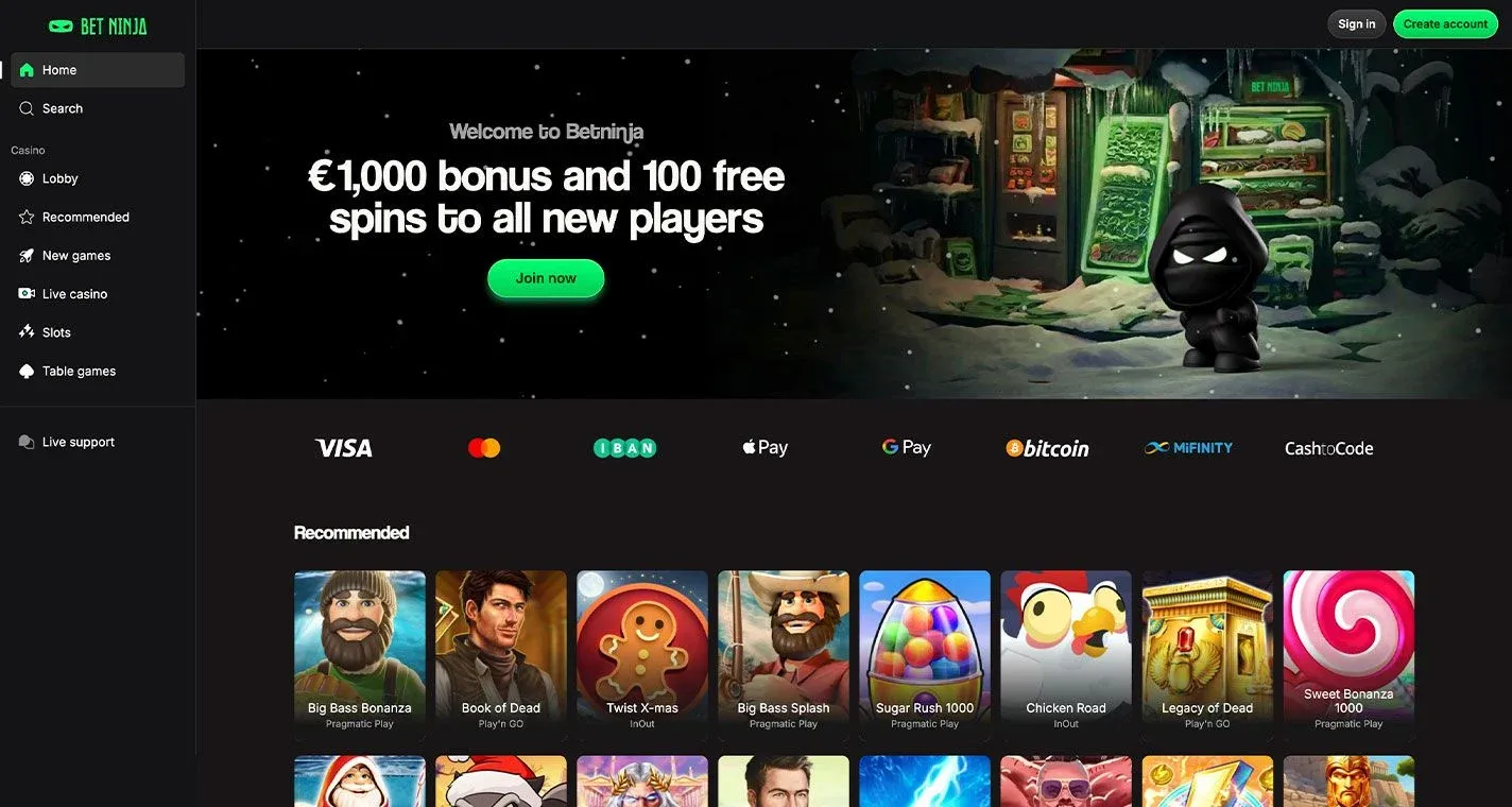 Betninja Casino, screenshot del sito