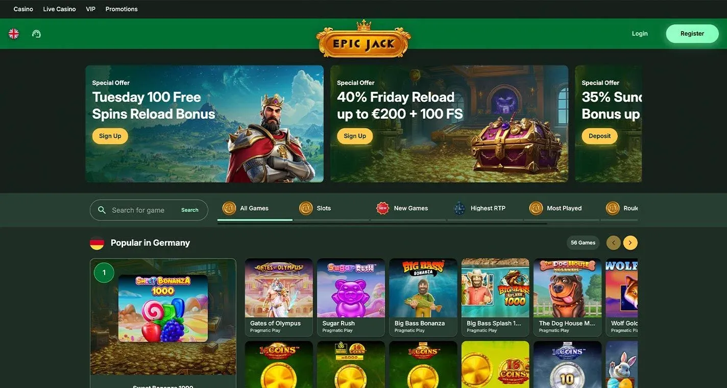 EpicJack Casino, screenshot del sito