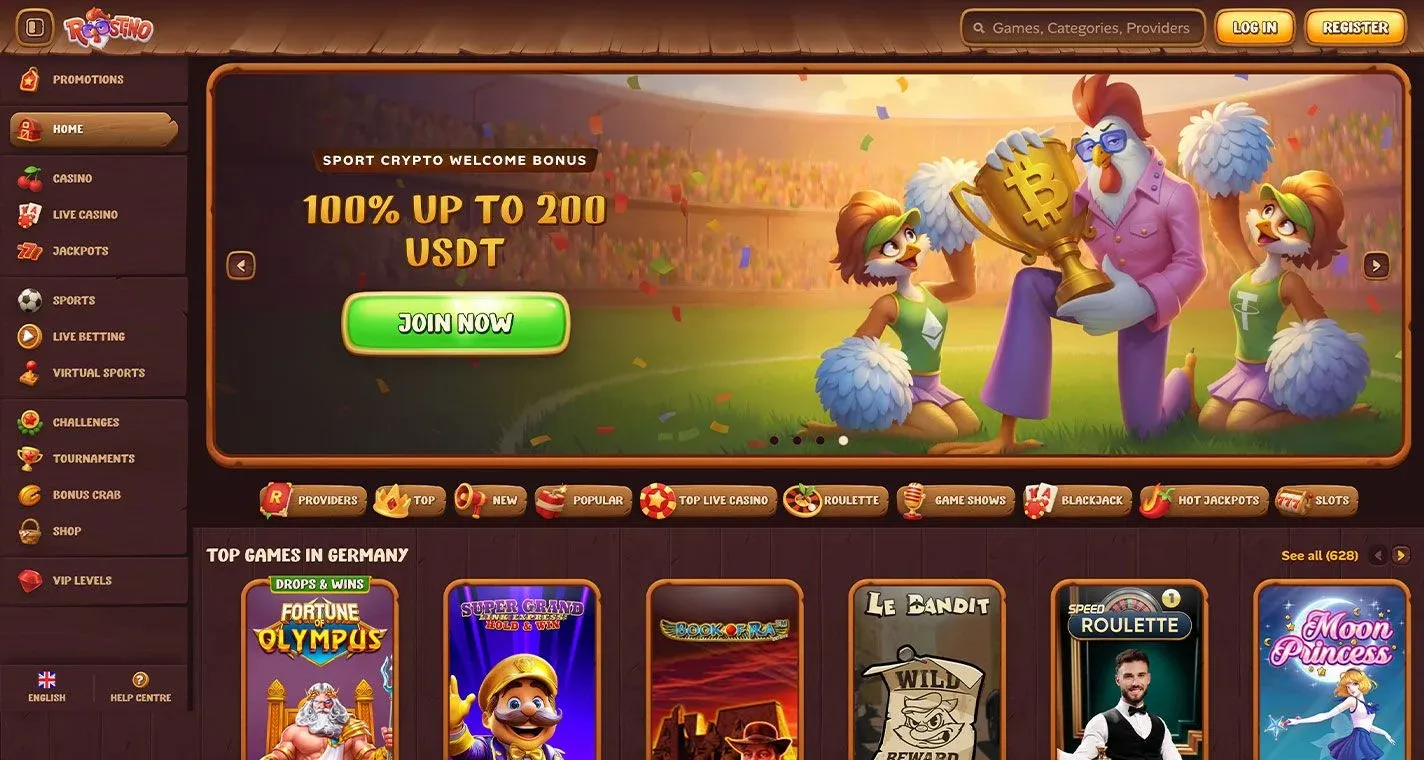 Roostino Casino, screenshot del sito