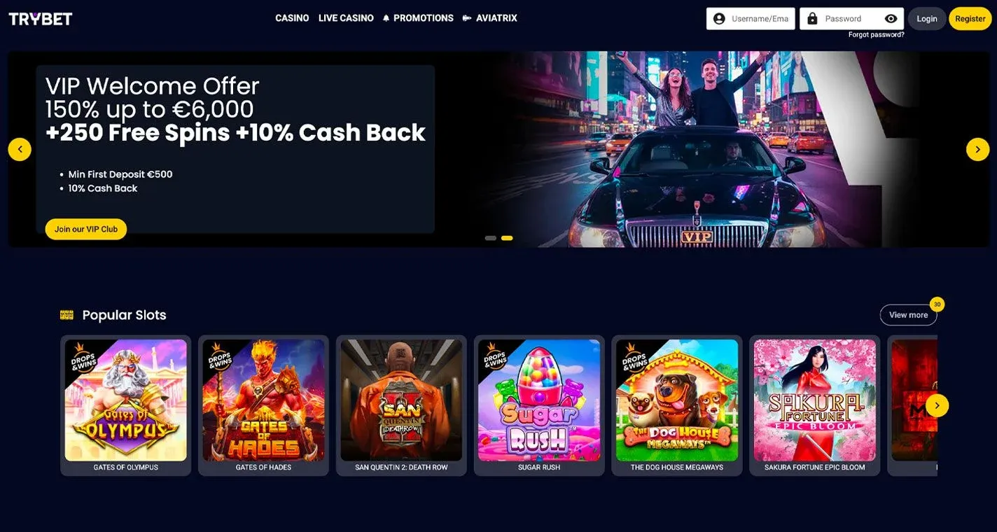 Trybet Casino, screenshot del sito